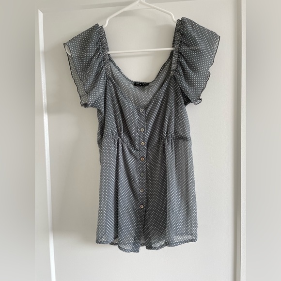 Grey polka dot short sleeve button up blouse - Picture 1 of 4